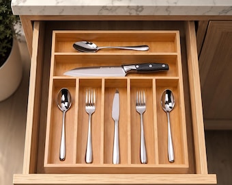 Bamboo Silverware Organizer | 7 Compartment Kitchen Drawer Divider | Wooden Utensil Cutlery Holder | Sustainable Home Gift | Kitchen Storage