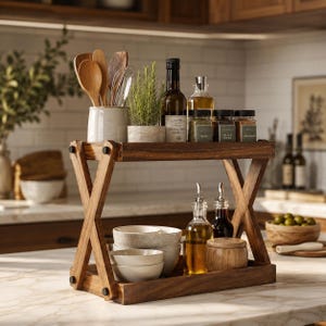 May include: A two-tiered wooden spice rack with an X-shaped frame. The top shelf holds a ceramic utensil holder with wooden spoons and a whisk, a small potted plant, and three glass spice jars. The bottom shelf holds three stacked ceramic bowls, two glass oil cruets, and a small wooden lidded container.
