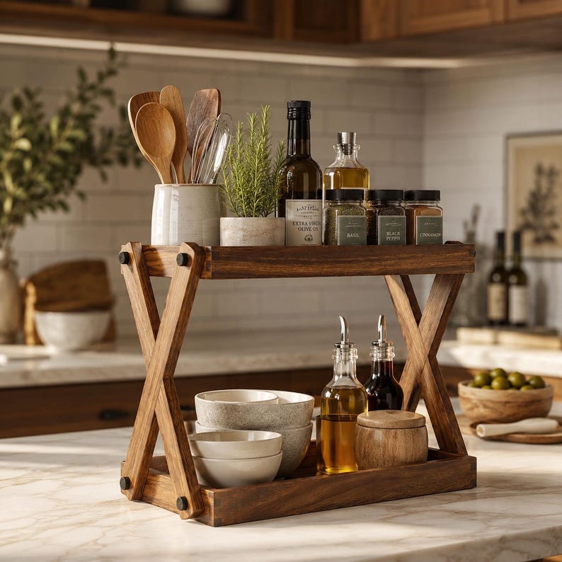 May include: A two-tiered wooden spice rack with an X-shaped frame. The top shelf holds a ceramic utensil holder with wooden spoons and a whisk, a small potted plant, and three glass spice jars. The bottom shelf holds three stacked ceramic bowls, two glass oil cruets, and a small wooden lidded container.