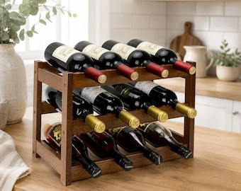 3 Tier Bamboo Wine Rack 12 Bottle Storage Organizer, Countertop Wine Holder, Rustic Kitchen Pantry Bar Cabinet Display Shelf