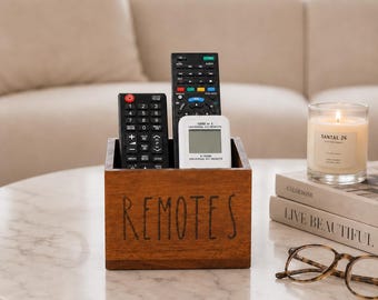 Acacia Wood Remote Control Holder for 3+ Remote Controls, Wooden Remote Control Organizer & Living Room Organizer