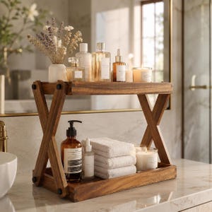 May include: A two-tier wooden shelf with an X-shaped frame. The top tier holds a vase with dried flowers, three glass perfume bottles, and a candle. The bottom tier holds a brown pump bottle, a small dropper bottle, folded white towels, and a candle.