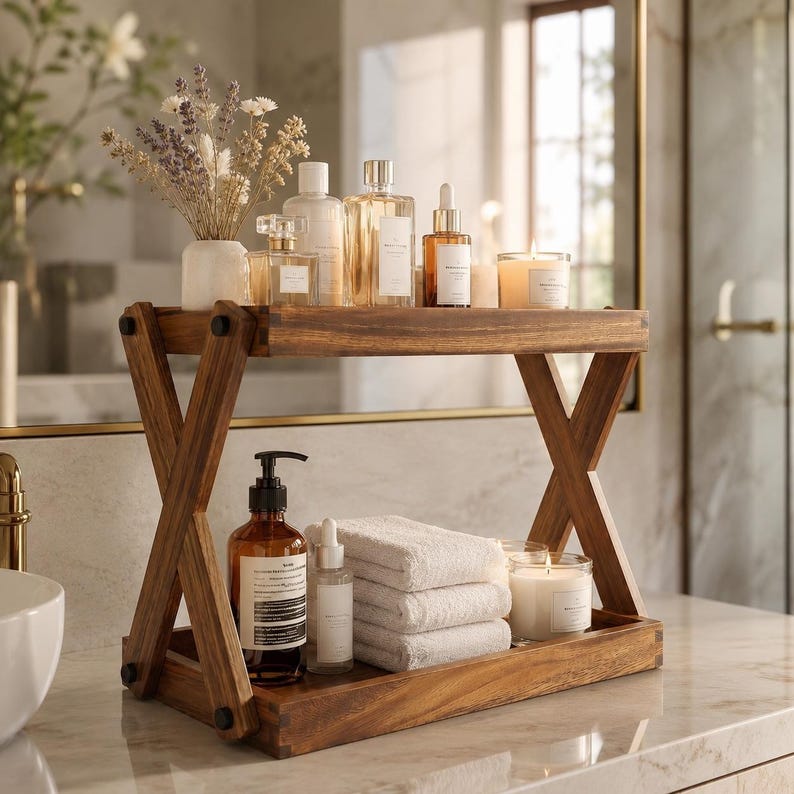 May include: A two-tier wooden shelf with an X-shaped frame. The top tier holds a vase with dried flowers, three glass perfume bottles, and a candle. The bottom tier holds a brown pump bottle, a small dropper bottle, folded white towels, and a candle.