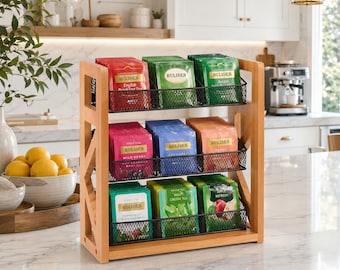 Wooden 3 Tier Tea Bag Organizer, Tea Storage Rack, Rustic Tea Bag Holder, Tea rack, Kitchen Tea Display Stand, Countertop or Wall Mount Use