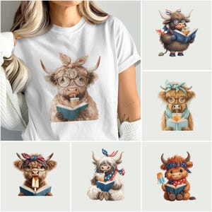 Highland Cow Reading PNG, Coffee Lover Bookworm Art (Digital Download)