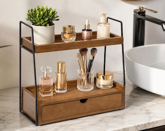 2 Tier Wood Bathroom Countertop Organizer With Drawer | Vanity Storage Rack | Skincare Perfume Holder | Makeup Storage Rack | Desk Caddy