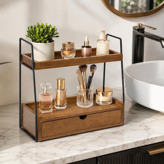 2 Tier Wood Bathroom Countertop Organizer With Drawer | Vanity Storage Rack | Skincare Perfume Holder | Makeup Storage Rack | Desk Caddy