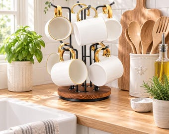 Rotating Mug Tree, Wooden Coffee Mug Holder, 8 Hook Mug Rack, Countertop Cup Holder Stand, Coffee Bar Organizer, Large Mug Storage
