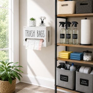 May include: A white wooden wall-mounted dispenser with the text TRASH BAGS printed in black, containing a roll of white plastic bags. Beside it, a metal shelving unit holds glass spray bottles, paper towels, folded cloths, and gray storage bins.