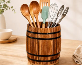 Wooden Utensil Holder for Countertop, Farmhouse Kitchen Utensil Crock, Solid Wood Kitchen Utensil Organizer, Housewarming Gift