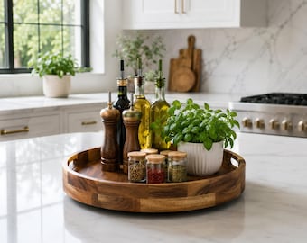 Wooden Lazy Susan Turntable, 12 Inch Acacia Wood Organizer Tray, Double Handle Serving Tray, Kitchen Cabinet Storage, Table Decor