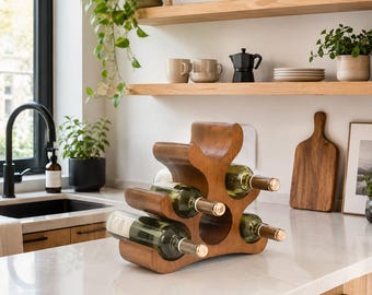 Wooden Wine Storage Rack for 6 Bottles, Freestanding Sculptural Suar Wood Wine Holder, Handmade Floor Wood Wine Rack, Unique Wine Storage