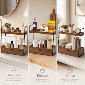 May include: A two-tier wooden storage shelf with a black metal frame and a bottom drawer. The unit features a flat top shelf and a lower drawer compartment, designed for organizing various household items across different rooms.
