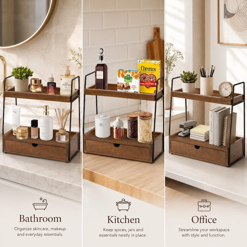 May include: A two-tier wooden storage shelf with a black metal frame and a bottom drawer. The unit features a flat top shelf and a lower drawer compartment, designed for organizing various household items across different rooms.