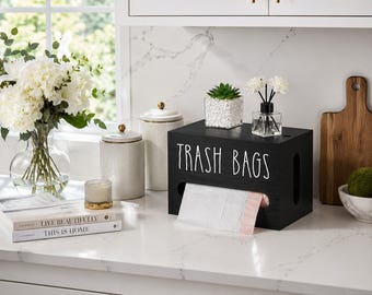 Wooden Trash Bag Dispenser Wall Mount, Black Garbage Bag Holder for 13 Gallon Rolls, Under Sink Kitchen Organizer Storage