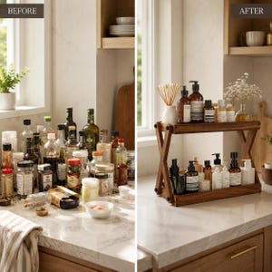 May include: A two-tier wooden countertop organiser with an X-shaped frame design. The unit features two rectangular shelves holding various amber and clear glass bottles with pump dispensers, alongside a small vase with dried flowers and wooden sticks.