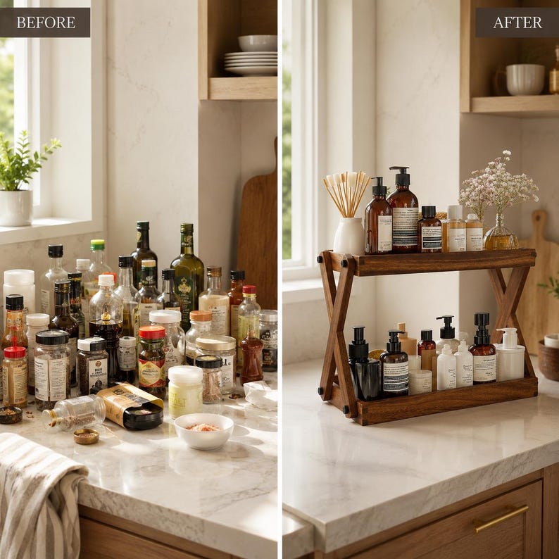 May include: A two-tier wooden countertop organiser with an X-shaped frame design. The unit features two rectangular shelves holding various amber and clear glass bottles with pump dispensers, alongside a small vase with dried flowers and wooden sticks.