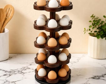 Rotating Wooden Egg Holder, Farmhouse Egg Storage Rack for 30 Eggs, 360 Rotating Fresh Egg Holder for Countertop, Rustic Kitchen Organizer