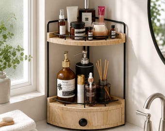 2 Tier Wood Corner Bathroom Organizer | Countertop Storage Vanity Tray | Modern Skincare Shelf With Drawer | Corner Bathroom Rack