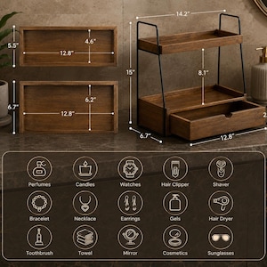 May include: A two-tier wooden storage organizer with a black metal frame and a pull-out drawer. Dimensions are 14.2 inches wide, 15 inches high, and 6.7 inches deep. The shelves measure 12.8 inches by 4.6 inches and 12.8 inches by 6.2 inches.