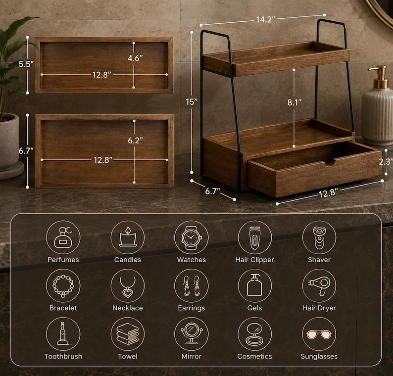 May include: A two-tier wooden storage organizer with a black metal frame and a pull-out drawer. Dimensions are 14.2 inches wide, 15 inches high, and 6.7 inches deep. The shelves measure 12.8 inches by 4.6 inches and 12.8 inches by 6.2 inches.