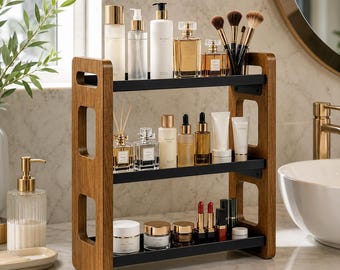 Modern Industrial 3 Tier Countertop Shelf | Acacia Wood And Metal Vanity Organizer | Aesthetic Cosmetic Display | Slim Vanity Rack