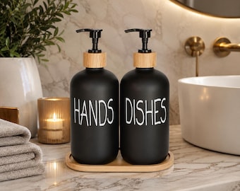Refillable Matte Black Glass Soap Dispenser Set With Bamboo Tray | Kitchen Soap Bottles | Kitchen Counter Organizer | Minimalist Home Decor