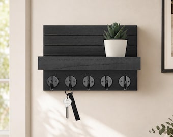 Modern Farmhouse Mail And Key Holder For Wall | Entryway Wall Organizer With 5 Metal Key Hooks | Shelf For Living Room | Entryway Key Rack