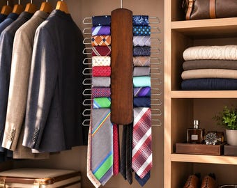 Walnut Wooden Tie Hanger | 20 Hook Necktie Holder | Men Closet Organization | Belt Storage Rack | Father’s Day Gift | Space Saving Hanger