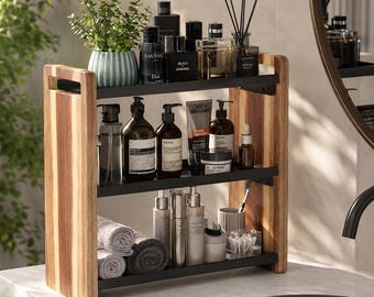 3-tier Acacia Wood Bathroom Organizer | Bathroom Vanity Rack | Rustproof Metal Vanity Shelf | Countertop Storage Rack | Modern Display Stand