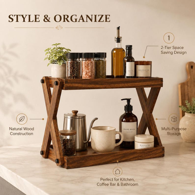 May include: A two-tier wooden storage shelf with an X-shaped frame. The top shelf holds three glass spice jars and two glass bottles. The bottom shelf holds a stainless steel kettle, a ceramic mug, a soap dispenser, and a small jar.