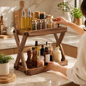 May include: A two-tiered wooden spice rack with an X-shaped frame design. The rack holds various glass spice jars with wooden lids, two glass oil dispensers with pour spouts, a wooden pepper mill, and several bottles containing liquids and seasonings.