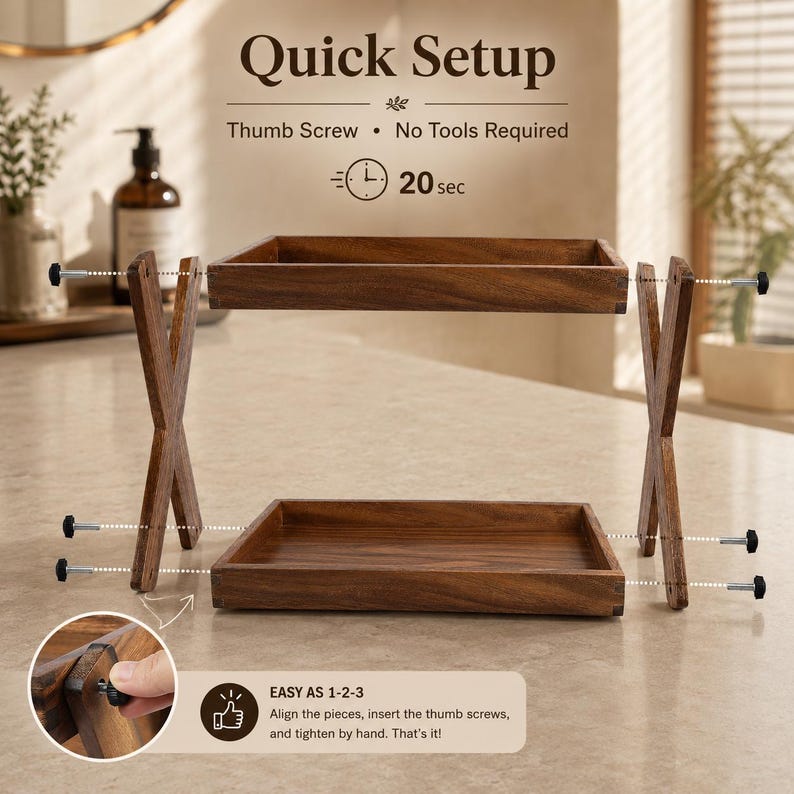 May include: A two-tier wooden shelf with X-shaped side supports and thumb screws for assembly. Text reads: Quick Setup, Thumb Screw, No Tools Required, 20 sec, EASY AS 1-2-3, Align the pieces, insert the thumb screws, and tighten by hand. That's it!