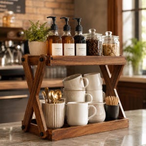 May include: A two-tiered wooden organiser shelf holding three pump bottles labelled Vanilla, Caramel, and Hazelnut, two glass jars with coffee beans and sugar, a ribbed ceramic cup with gold spoons, four ceramic mugs, and a black cup with wooden stirrers.