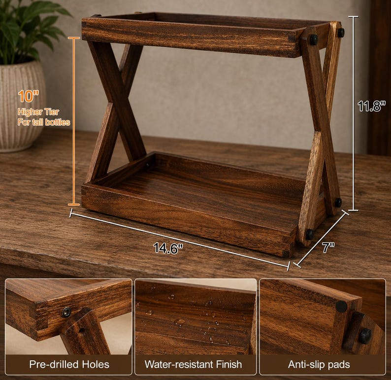 May include: A two-tier wooden storage rack with a dark brown finish, featuring X-shaped side supports. Dimensions are 37.1 cm wide, 17.8 cm deep, and 30 cm high, with 25.4 cm of clearance between tiers. Includes pre-drilled holes and anti-slip pads.