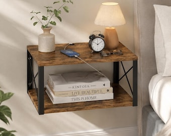 Floating Nightstand with Cable Hole | Rustic Wood Wall Shelf | 2 Tier Industrial Bedside Table | Black Metal Bookshelf | Charging Station