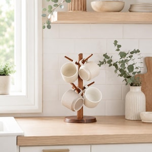 May include: A wooden mug tree stand with a central post and four angled branches, holding four off-white ceramic mugs. Each mug features a vertical ribbed texture on the exterior and a smooth interior finish. The stand has a round base.