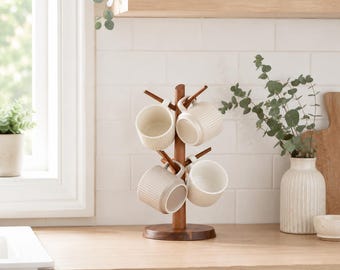 Acacia Wood Mug Tree Holder, Countertop Coffee Mug Organizer with 6 Hooks, Rustic Coffee Bar Cup Stand, Kitchen Mug Rack