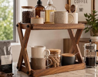 Wooden 2 Tier Countertop Organizer | X Frame Space Saving Display Shelf | Kitchen Spice Tray | Coffee Bar Tray | Bathroom Vanity Stand