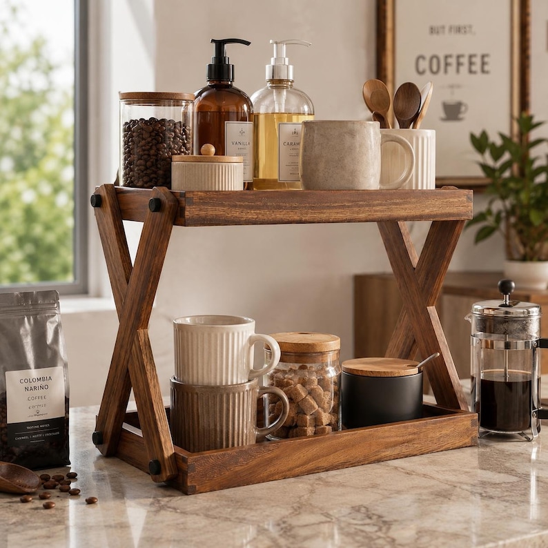 May include: A two-tiered wooden display stand with an X-shaped frame. The top shelf holds a glass jar of coffee beans, two pump bottles, a small lidded container, and a ceramic mug. The bottom shelf holds two stacked mugs, a glass jar of sugar cubes, and a black lidded canister.