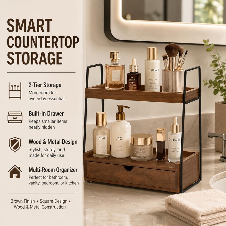 May include: A two-tier countertop storage organizer featuring a dark wood finish and a black metal frame. The unit includes an open top shelf and a bottom shelf with a built-in drawer. Various skincare bottles, jars, and makeup brushes are displayed.