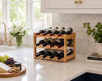 Bamboo Wine Rack 12 Bottle Storage Organizer, 3 Tier Countertop Wine Holder, Rustic Kitchen Pantry Bar Cabinet Display Shelf