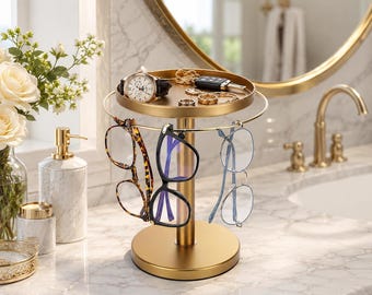 360 Rotating Sunglass Organizer | Gold Eyewear Display Stand | Luxury Vanity Decor | Modern Jewelry Tower | Eyeglasses Holder With Tray