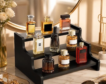 3 Tier Black Wooden Display Risers | Perfume Organizer Stand | Wooden Vanity Shelf | Display Stand For Dessert | Tiered Cologne Stand