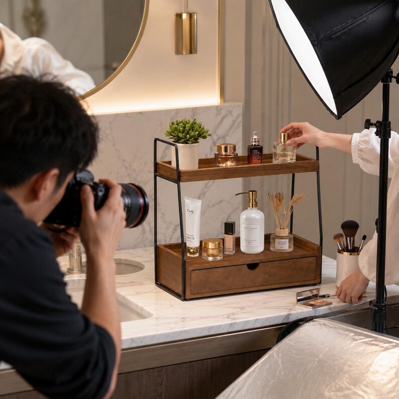 May include: A two-tier wooden countertop organizer with a black metal frame and a single drawer. The top shelf holds a small potted plant, a glass jar, and two perfume bottles. The bottom shelf contains a tube, a jar, a bottle, and a reed diffuser.