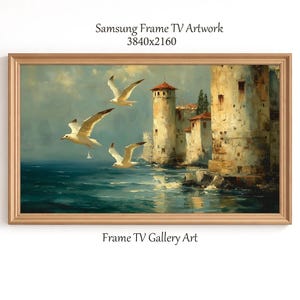 Arte de TV con marco de gaviotas costeras, pintura de castillo en el mar Mediterráneo, paisaje costero vintage, pintura al óleo estilo playa, arte para TV Samsung 4K