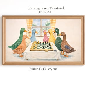 May include: A framed artwork depicts a group of ducks playing chess. The ducks are various colors, including green, orange, and blue. The chess board is set on a table with a white tablecloth. The artwork is labeled "Samsung Frame TV Artwork".
