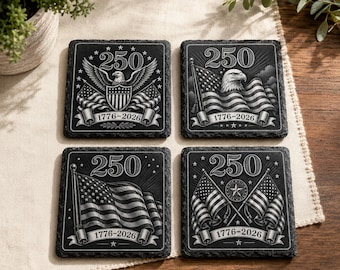 Amerika 250. Schieferuntersetzer-Set, Trinkgefäß aus graviertem Vaterland, 1776-2026-Unabhängigkeitsdekor