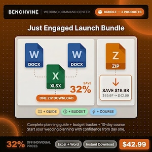 May include: Digital wedding planning bundle with the text "Just Engaged Launch Bundle." Includes DOCX, XLSX, and ZIP files. The image shows a 32% savings and the text "Save $19.98." The bundle includes a guide, budget tracker, and a 10-day course.
