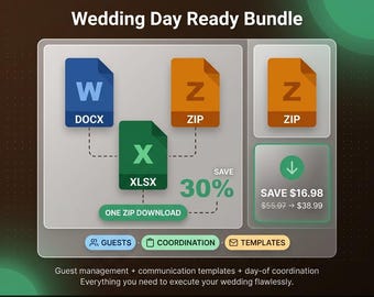Bankranke | Hochzeitstag Bereit Bündel — Gästelisten-Manager + Kommunikationsvorlagen + Day-of-Koordination-Kit-Bundle